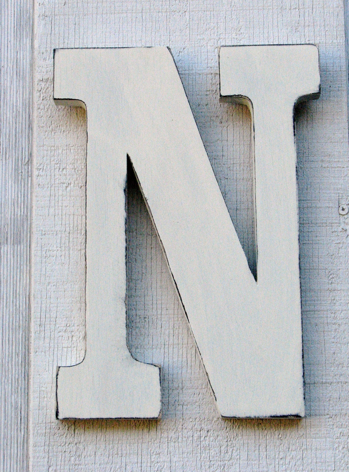 3 D Large Wooden Letter "N" 12 inch Tall Distressed in Vintage White Rustic Shabby Chic Custom Made Solid Wood You Pick Letter and Color
