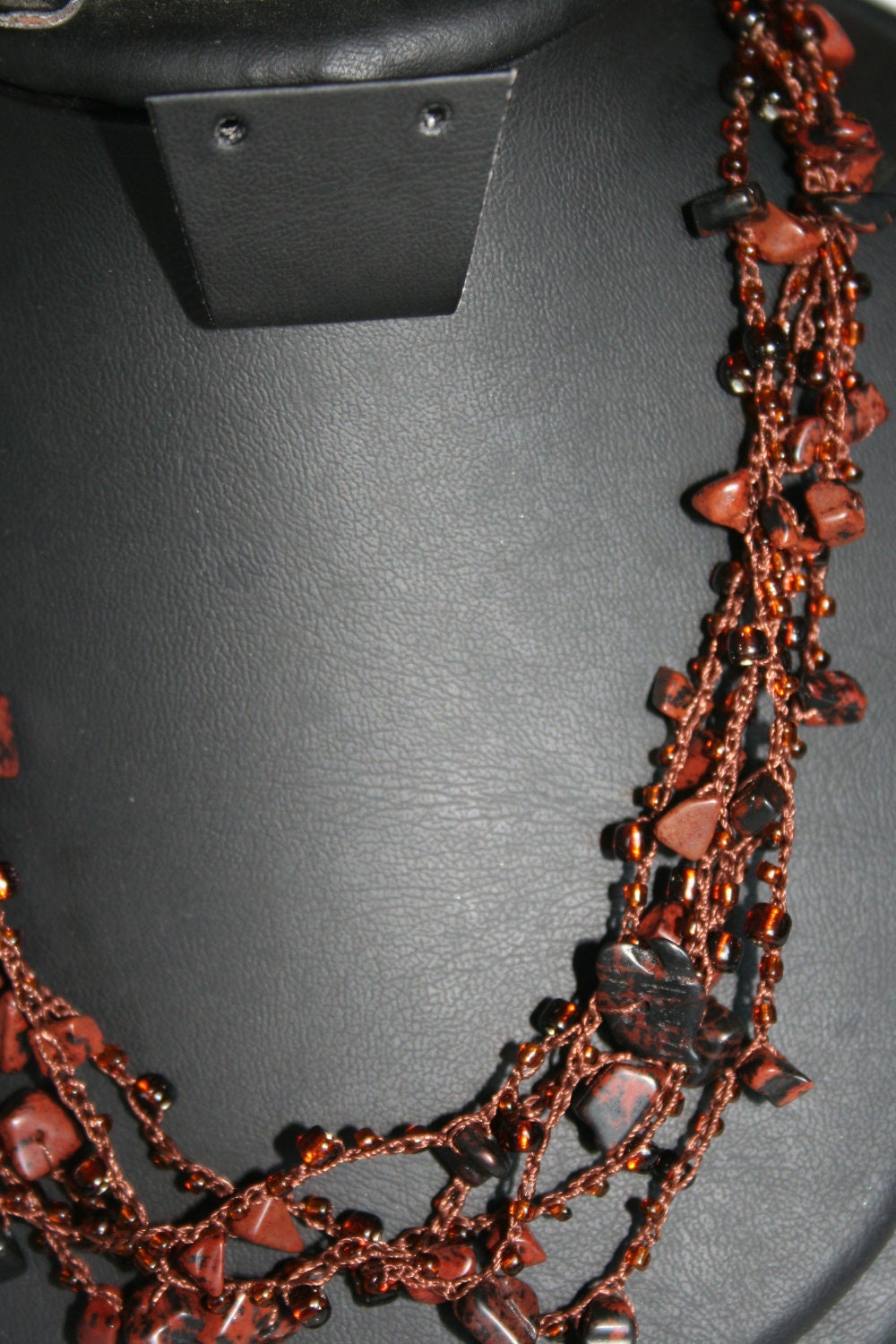 Hypo Allergenic Brown Stone and Glass Bead Long Length Bead Crochet Five Layered  Necklace With Clutch Handbag Key Ring