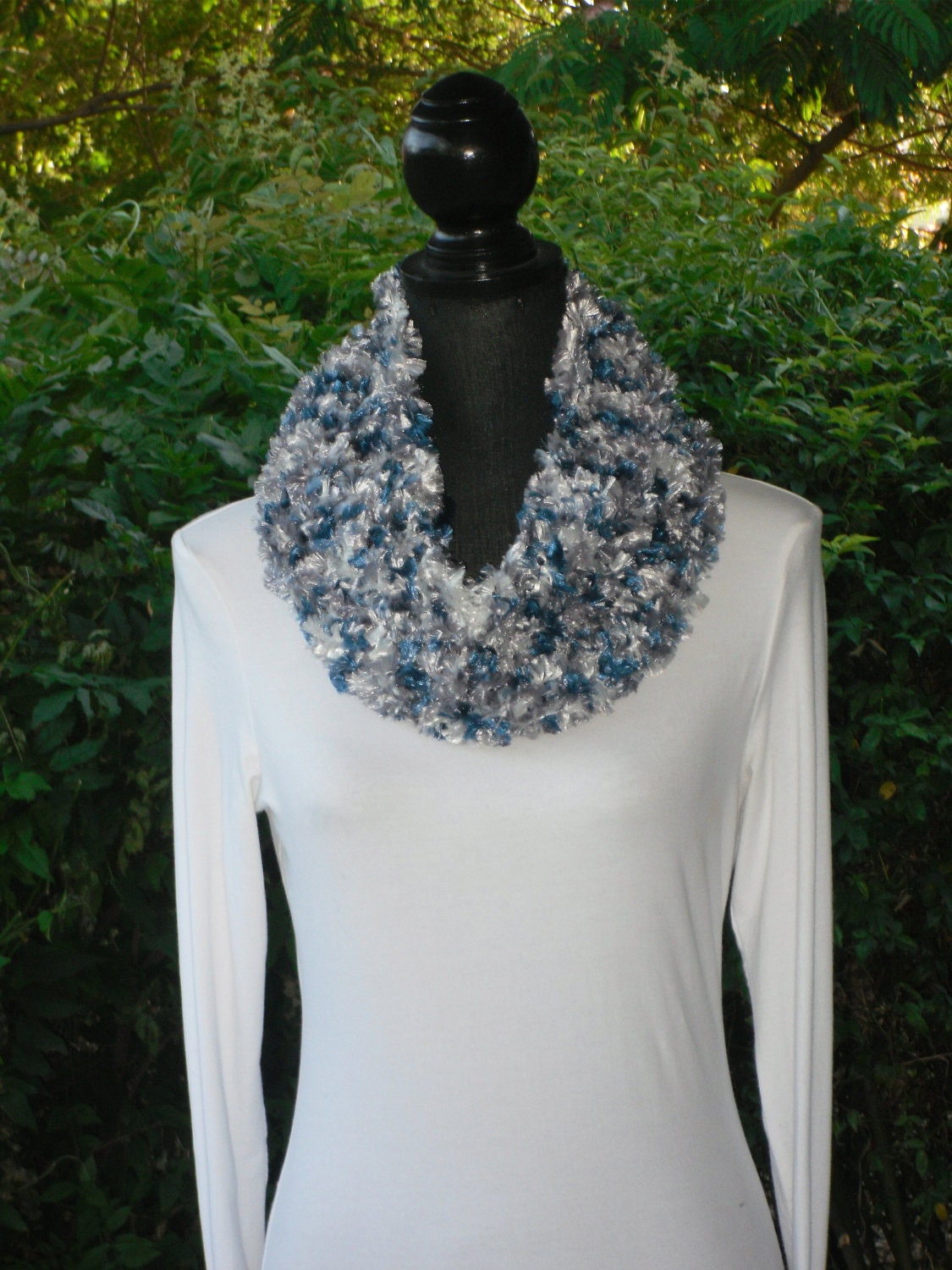 Funnel Infinity Eternity Cowl Neck Warmer Scarf Blue Grey White Multicolor Cluster Crochet READY TO SHIP