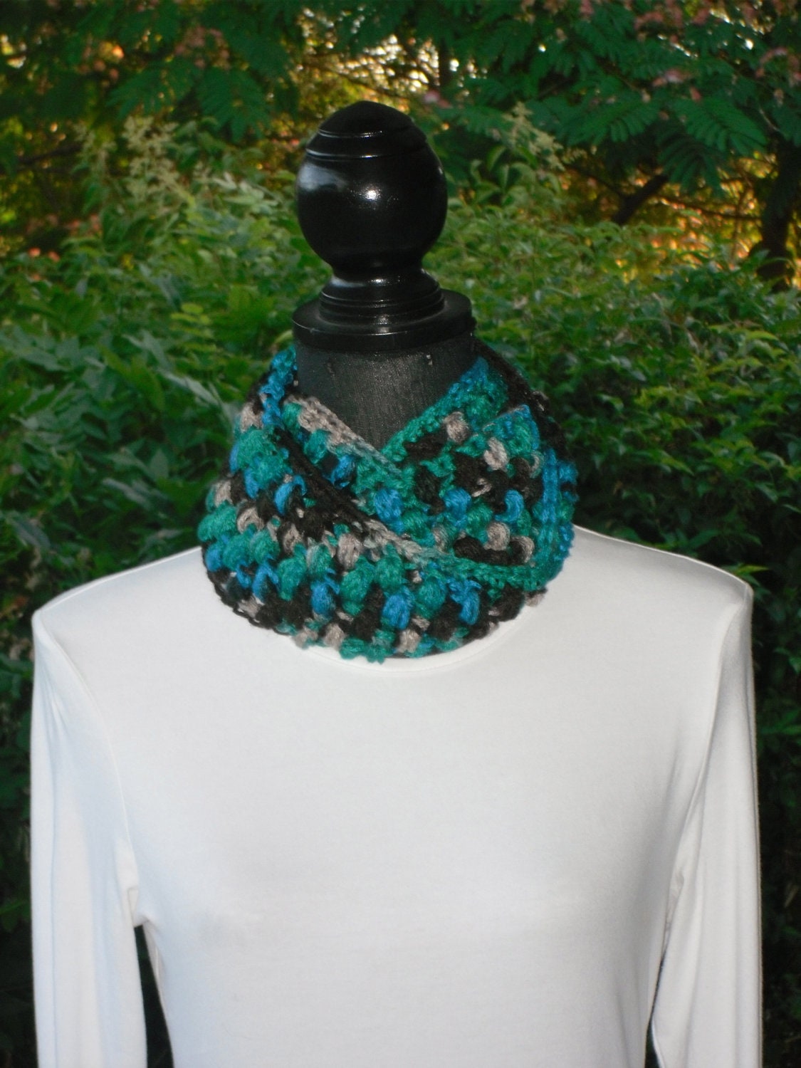 Puff Infinity Eternity Cowl Neck Warmer Circle Scarf Tropical Storm Blue Green Taupe Brown Cluster Crochet