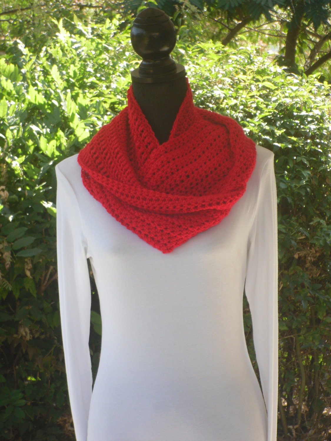 Infinity Eternity Cowl Neck Warmer Scarf Red Cluster Crochet READY TO SHIP