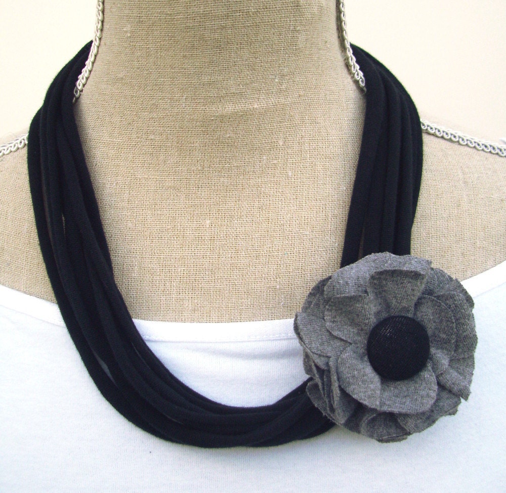 Upcycled Black Jersey Tee Noodle Necklace with Removable Gray Flower Clip, Repurposed T-shirt Loop Scarf, Accessory