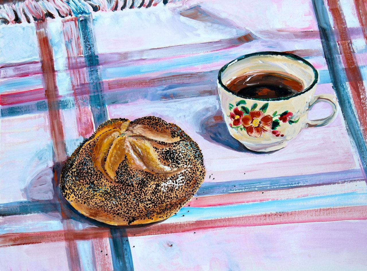 Coffee Still Life, Original Painting of Coffee Cup and Kaiser Roll, Gouache on Paper, 9 x 12 in. by Heather McCaw