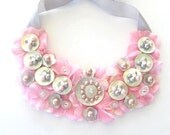 Pink and Grey bib necklace sea glass and shells
