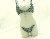 G strings with triangle cup bra, handmade lingerie, blue, size S M , or any made to order. original retro ribbon, great Christmas gift