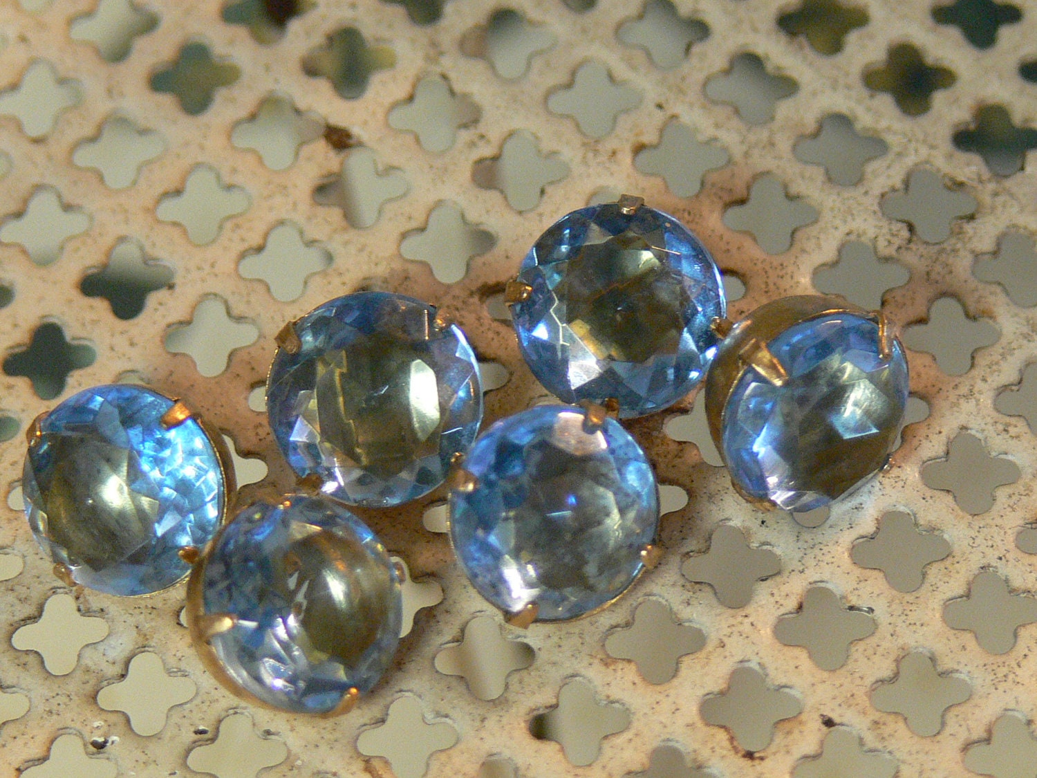 Buttons Vintage Blue Glass Rhinestone Gorgeous 7/16" Brass Prong Set 11mm (6)