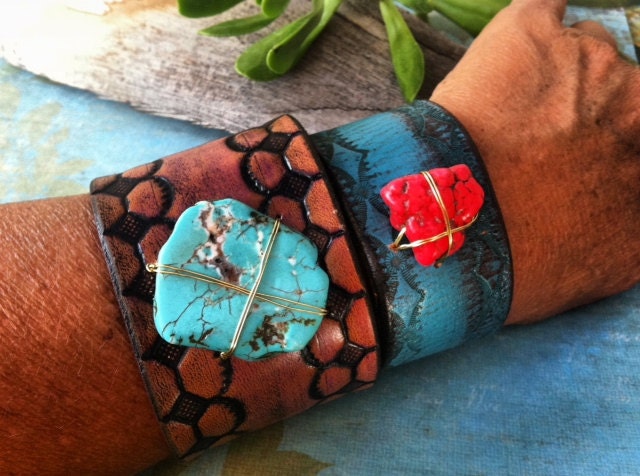 Turquoise Stamped Leather Bracelet Chunky Coral Howlite Gemstone Cuff, Ladies Jewelry