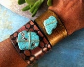 Gold Stamped Leather Bracelet Chunky Turquoise Gemstone Cuff, Ladies Boho Style