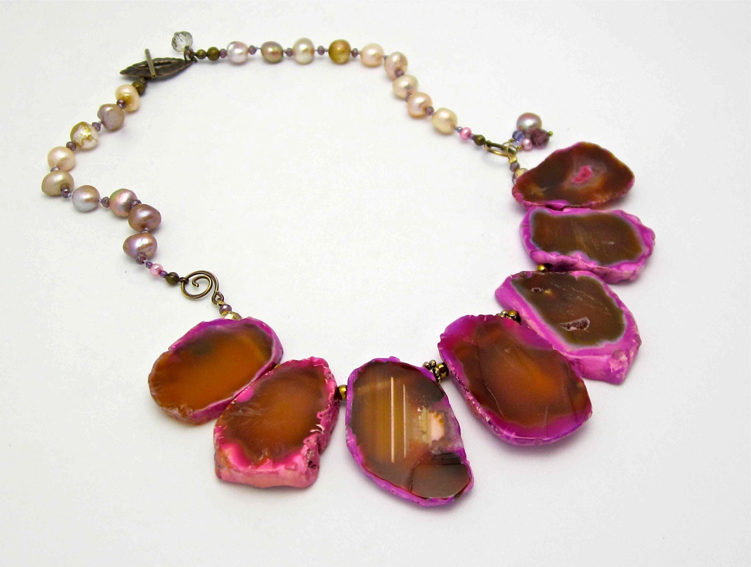 Pink Agate Geode Neckace with Freshwater Pearls// 50% Sale Goes to American Cancer Society