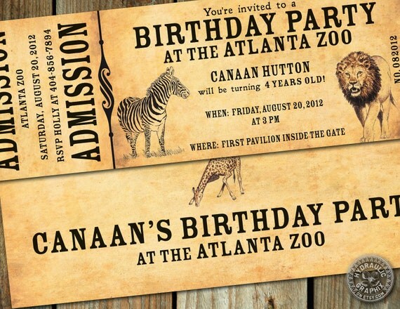 Zoo Birthday Party Ticket Invitation for a child's birthday party with zoo animals with vintage style, add different animals Il_570xn