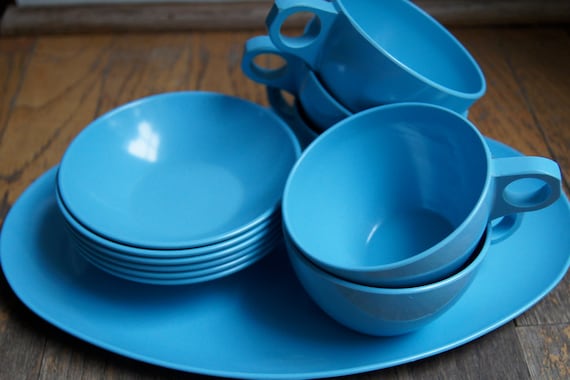 Blue melmac, Blue melamine, Blue Allied Chemical dish set, Glamping dish set