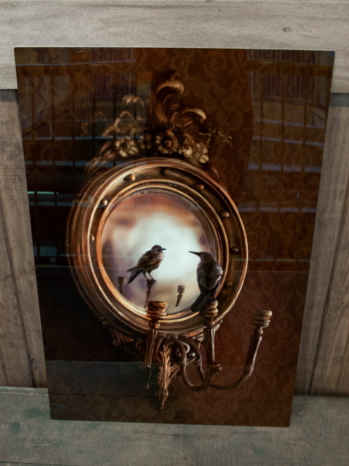 Reflection on Perception --A 12" x 18" illustration of a black bird perched upon an ornate Victorian mirror