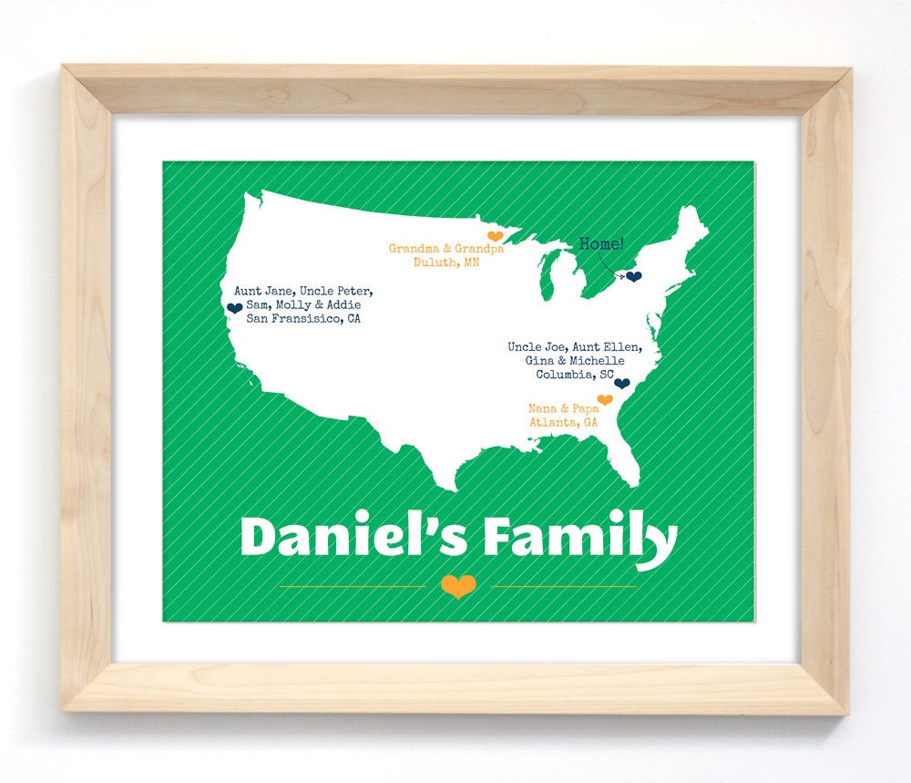Baby Boy Nursery Decor -  Family Map Art Print - 8 x 10 - Custom Colors Available