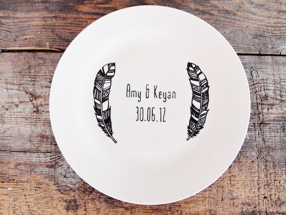 Personalized Wedding Plate - Hand Illustrated feathers and name personalization