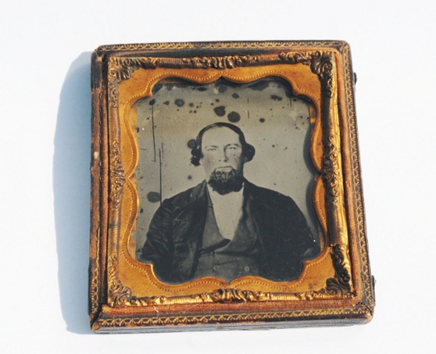 Antique Ambrotype Photograph, Daguerreotype, Vintage Tintype of Man with Beard in Embossed Leather Frame 1865