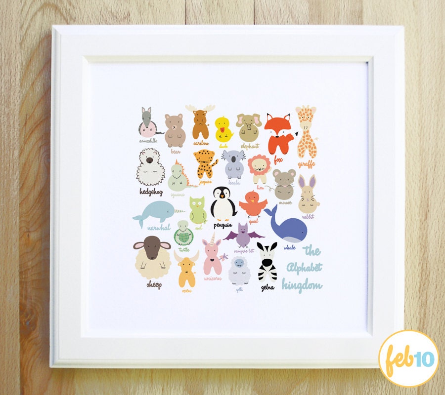 The Alphabet Kingdom woodland nautical and mystical animals and creatures colorful large 12x12 art print for children nursery and baby gift
