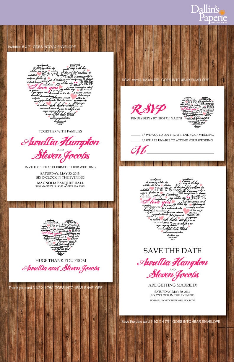Fuchsia and black Heart Wedding Invitation RSVP Thank you card Save the date DIY Printable - Customized
