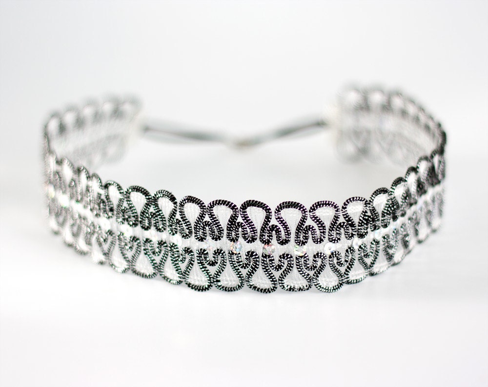 Lace headband, Stretchy Headband, Black headband, Woman headband, hair accessories, Silver head band,