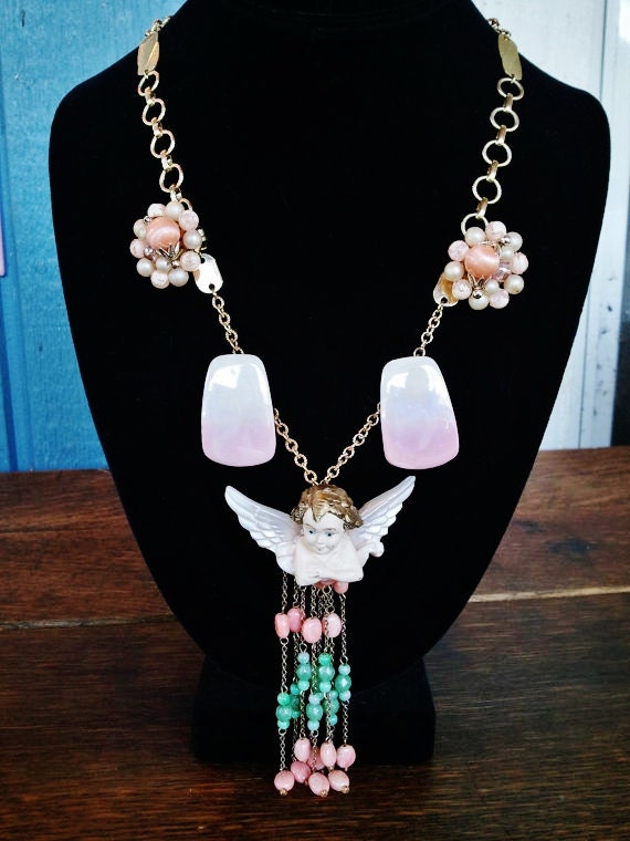 Vintage Upcycled necklace Charub Angel shades of pink & green beaded gold chain upcycled necklace