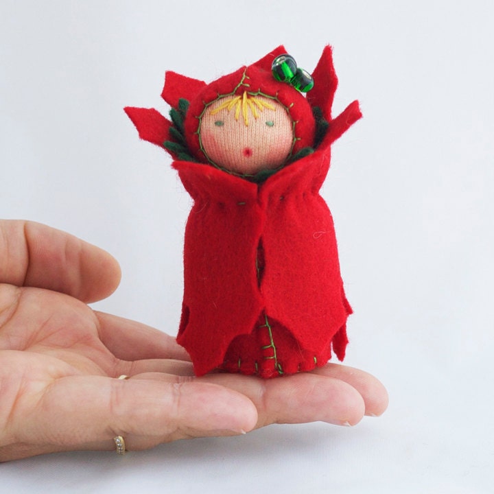 Ornament Red Felt Christmas Doll - Miniature Green Red Holiday Decoration