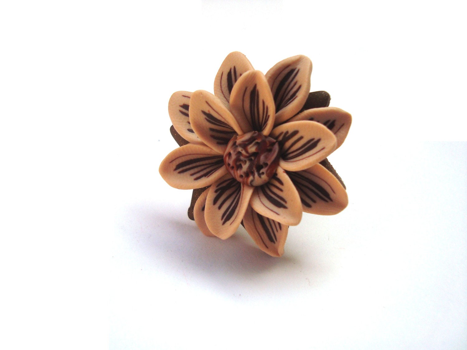 Polymer Clay Nude Beige and Brown Flower Adjustable Ring. Hand Crafted Flower Jewelry