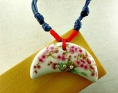 Ceramic pendant necklace jewelry Porcelain enamel necklace Red flower tree moon-style pottery shard necklace  Adjustable blue strings