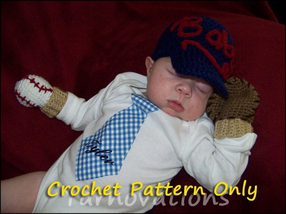 Baseball Crochet Newborn Outfit - Baseball Cap (Hat), Mitts (Mittens), Bib - Crochet Pattern