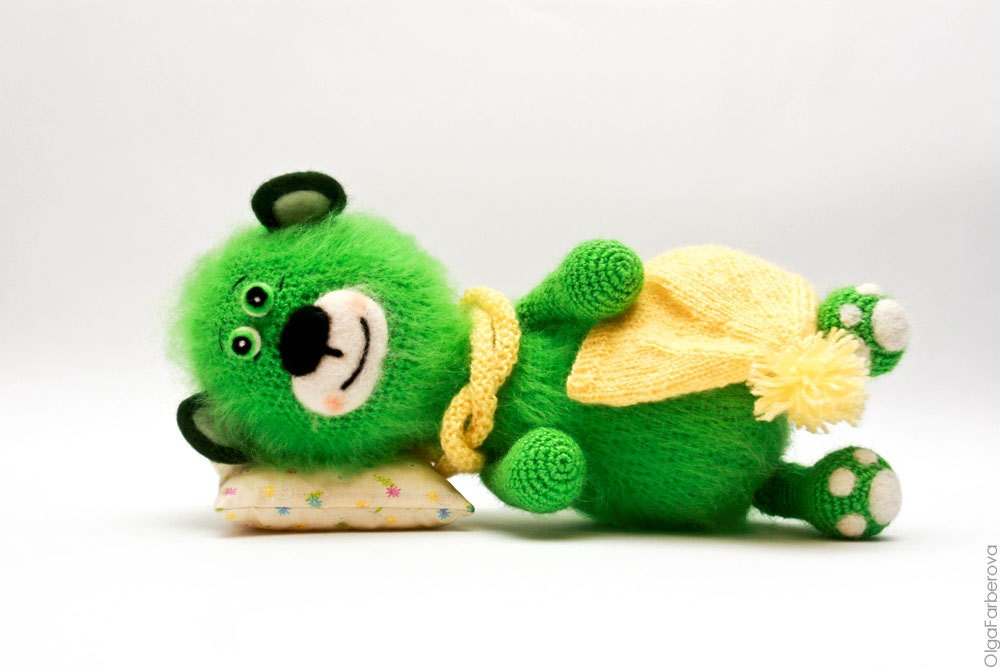 Green  Artist Teddy Bear - Crochet and needle felted animal -One of a kind - Soft toy - Gift