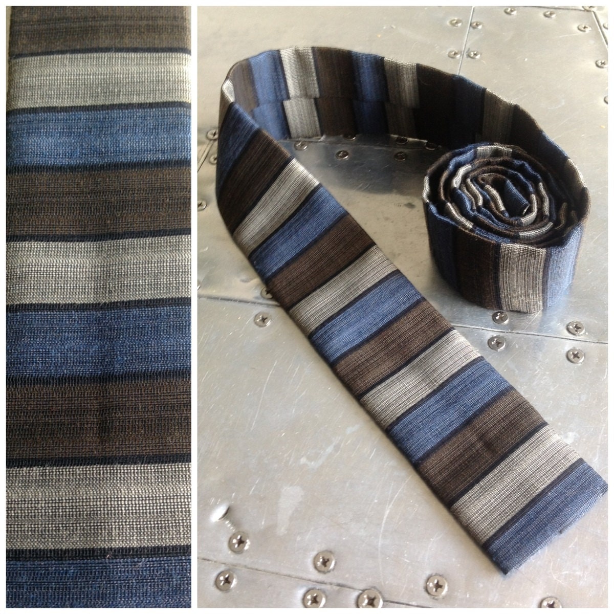 Vintage 1960s Skinny Flat End Necktie  - Brown, Black Silver & Blue Square End Skinny Tie -