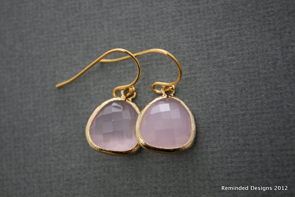 Gold framed pink rose quartz color stone earrings