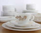 Vintage "Golden Glory" Milk Glass Dishes - Federal Glass Gold Bamboo Dish Set (45 Piece) - Housewarming Gift or Wedding Registry