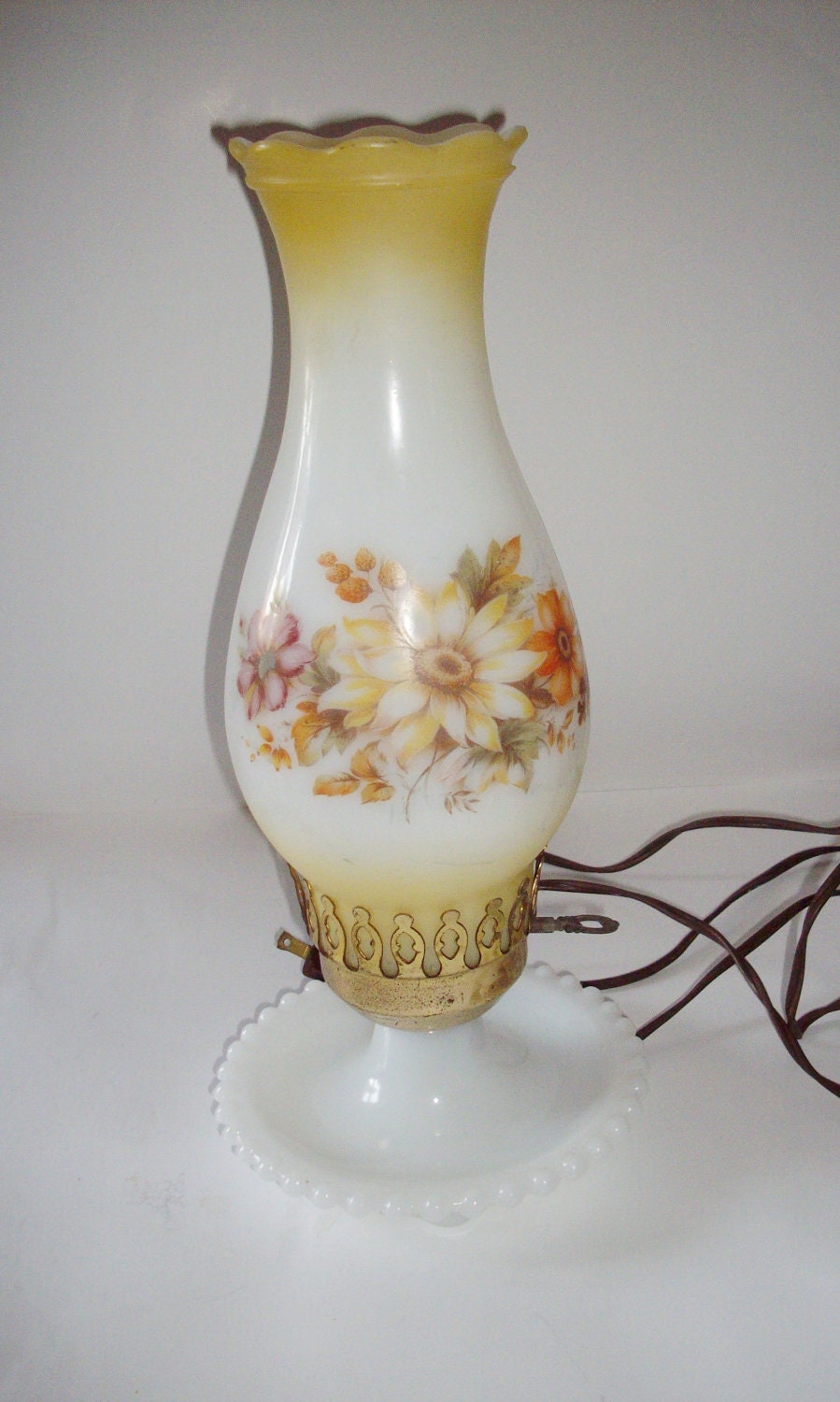 Vintage Hurricane Lamp Milkglass Beaded Base Turn Key Table Lamp