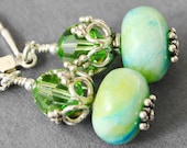 Green Blue Earrings, Lime Green Turquoise Blue Swarovski Crystal Dangle Earrings, Crystal Drop Earrings, Handmade Sterling Silver Jewelry