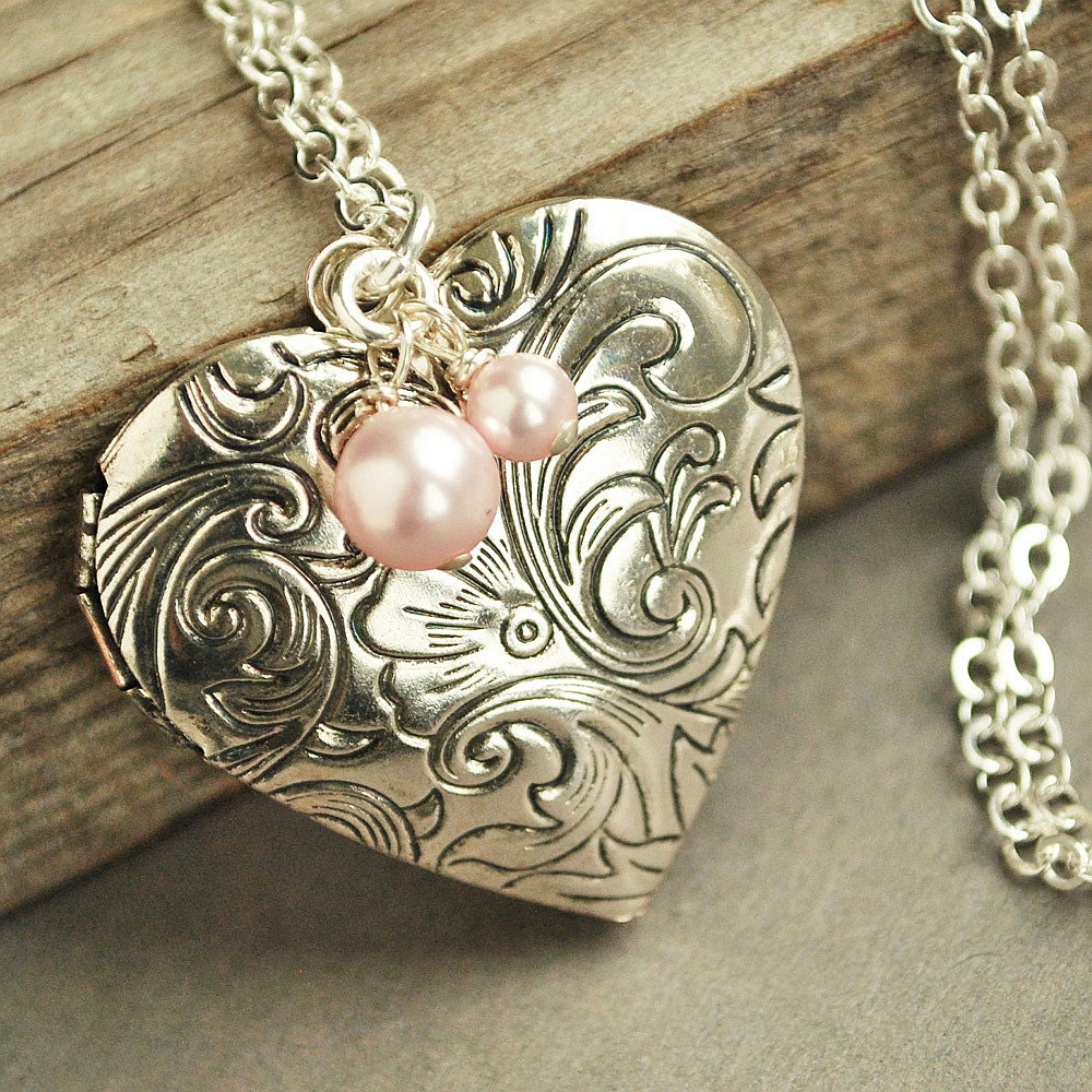 Silver Locket Necklace, Heart Locket, Victorian Locket Necklace, Pink Pearl Bridesmaid Necklace