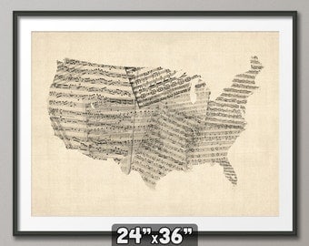 United States Old Sheet Music Map USA, Art Print 24x36 inch (908)