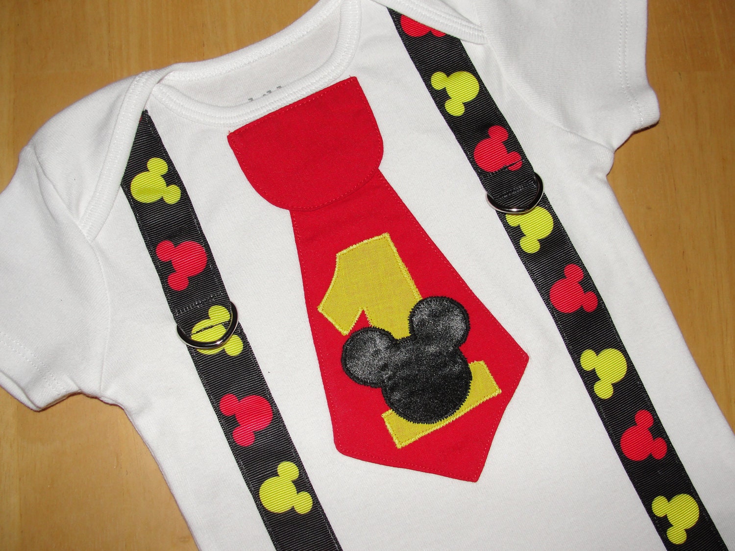 Mickey Mouse Birthday Tie Onesie With Mickey Mouse Suspenders First Birthday Party  Photo Prop Baby Boy First Birthday Outfit