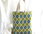 Market tote bag in green and blue ikat print. Reversible ikat tote bag. Large 14 x 16 book bag carry all