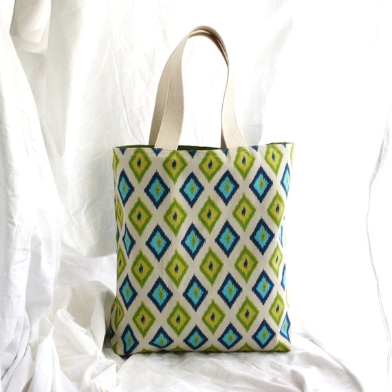Market tote bag in green and blue ikat print. Reversible ikat tote bag. Large 14 x 16 book bag carry all