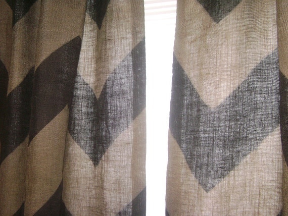 Burlap Chevron Drapes Grey & Black 55in x 84in-108inL