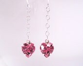 Heart Dangle Earrings Pink Swarovski Crystals on Sterling Silver Chain - Free Ship in US