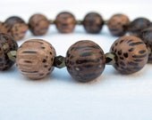 Stretch Bangle Wood Bead Tribal Vibe Bracelet with Green Czech Glass Beads- Free Shipping in US