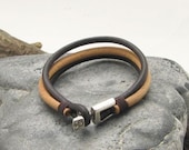FREE SHIPPING. Men's leather bracelet. Multi strap brown and natural leather bangle men's bracelet with silver plated clasp.