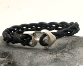 FREE SHIPPING Men's leather bracelet Black leather braided cuff bracelet with silver plated anchor clasp