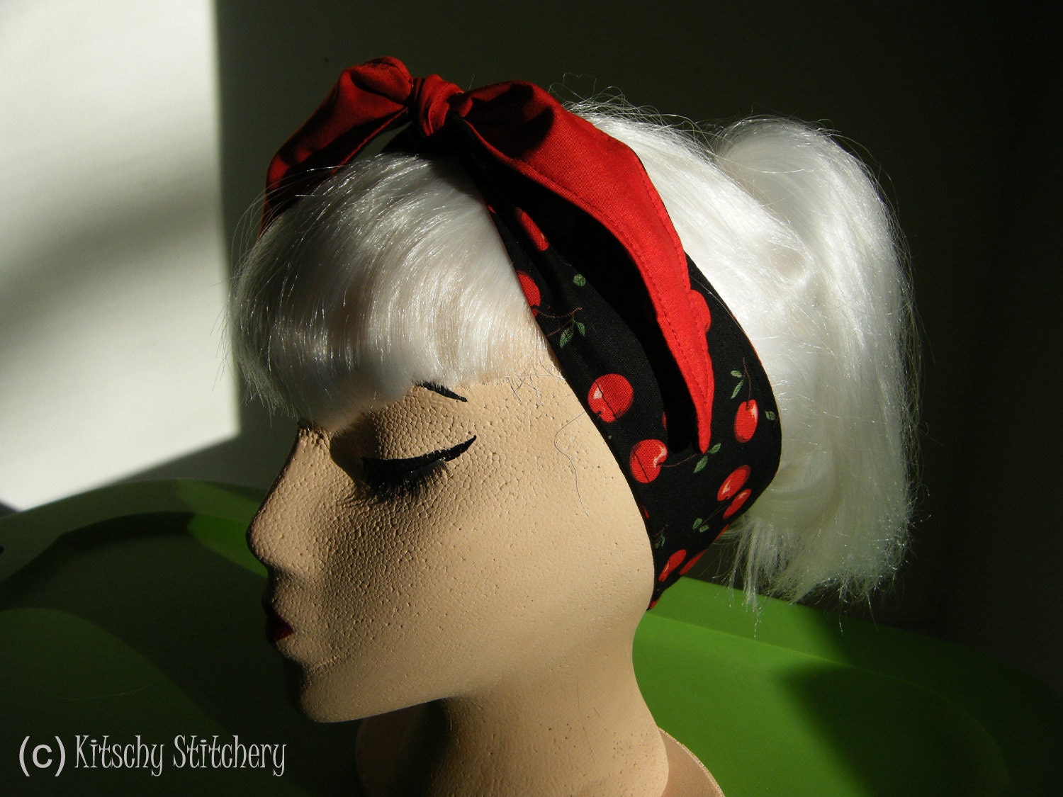 Rockabilly - Pin up style Headband / Hair Scarf/ Hair Tie/ Neck Scarf. Cherries / Solid Red