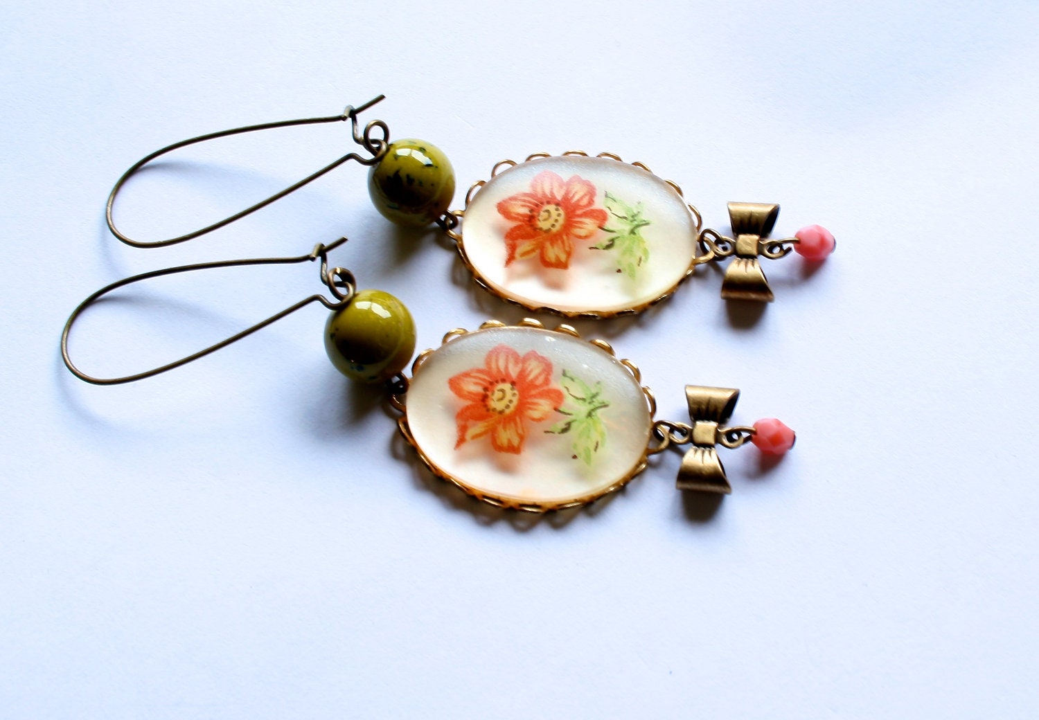 Orange Flower Cabochon Earrings