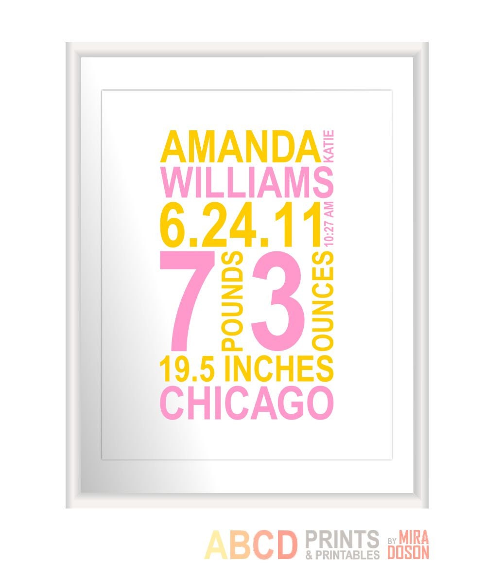 Nursery print, baby name print, personalized nursery art print 11x14 CUSTOM COLORS