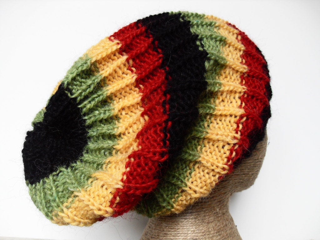 Dread Hat - Reversible Rasta Beanie Slouchy - Made to Order - Dreadlock Tam - Thick Stripe - Wool Winter Wear - Knit Lopi Yarn