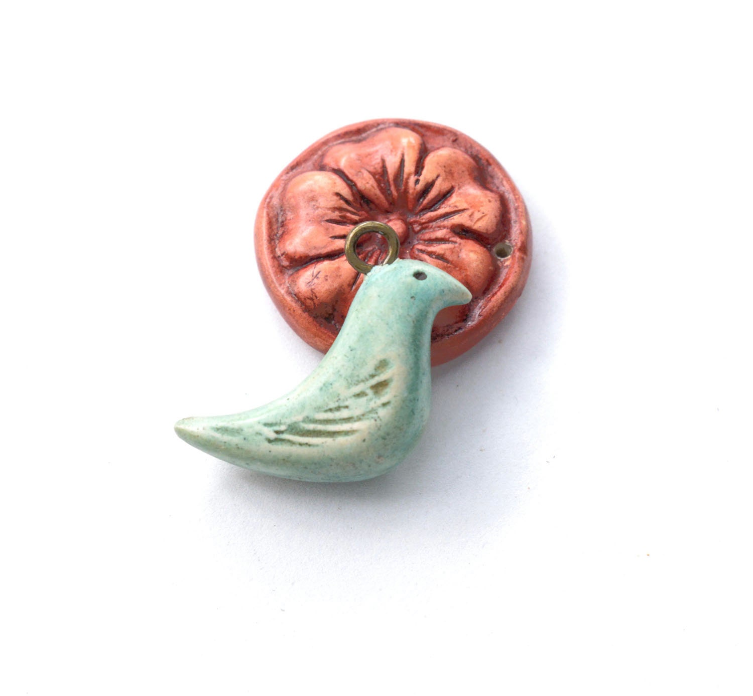 Rustic Blue Polymer Clay Bird and Rust Boho Blossom Bead Combo