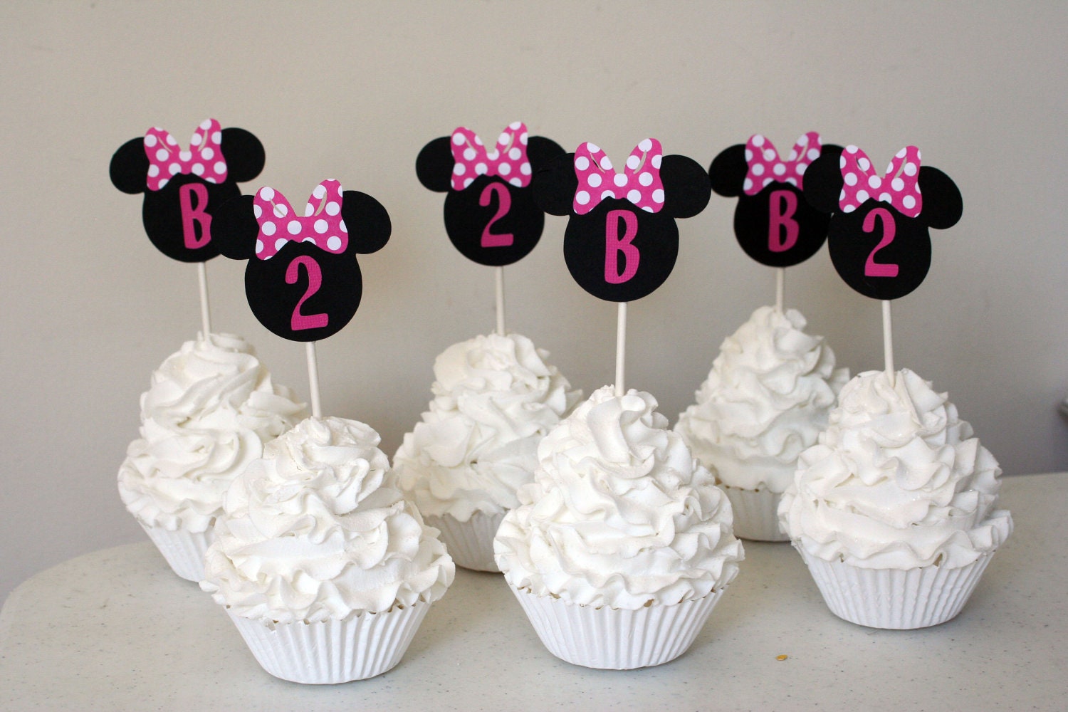 12 Minnie Mouse Polka Dot Bow Cupcake Toppers with Initial and/or age number, Perfect for Minnie Mouse Birthday or Baby Shower