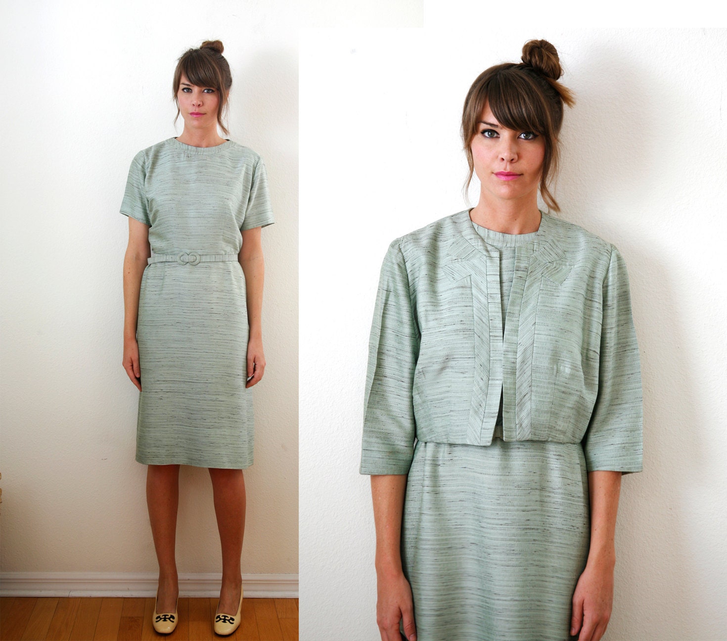 Vintage 50s / 60s Pastel Mint Dress Suit Large/XL by Paula Dean Mad Men Jackie O.